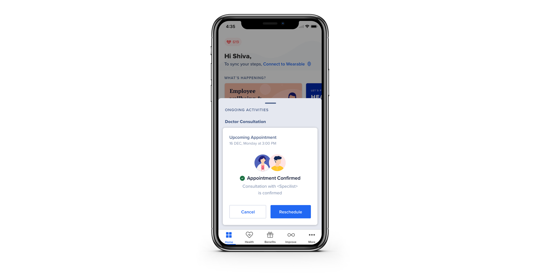 Reschedule from Home screen ekincare