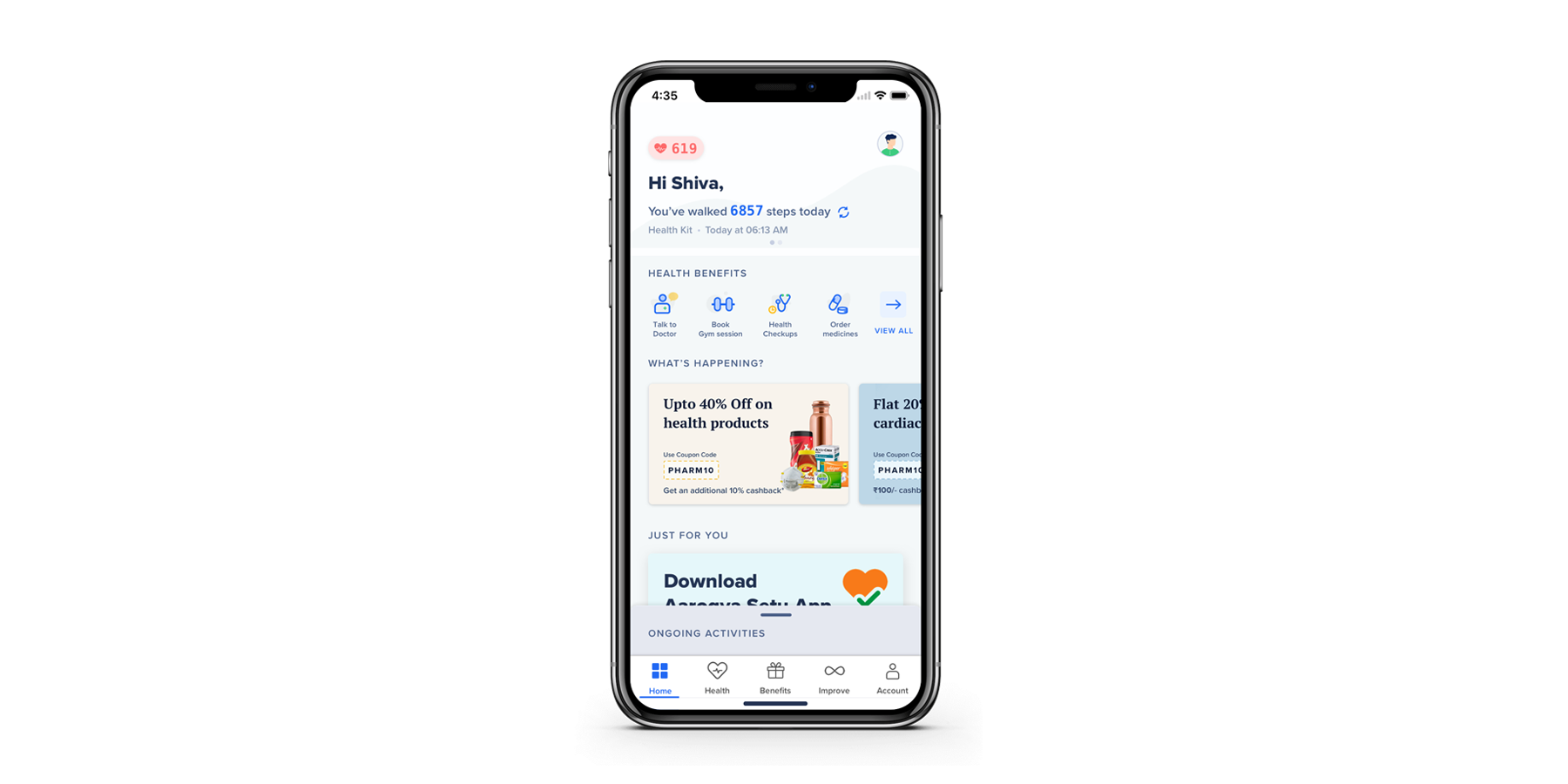 Snapshot of the main page of ekincare's employee benefits app